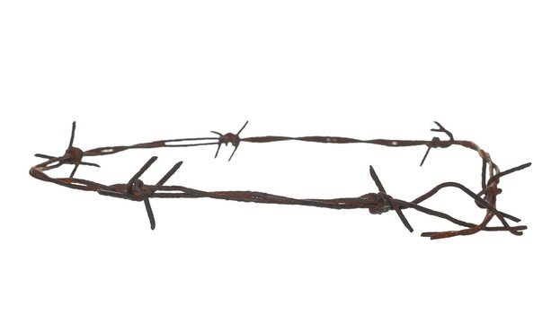 Old rusty security barbed wire fence isolated on white background and texture with clipping path