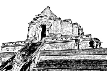 The ancient Thai architectural style, northern region of Thailand illustration creates a black and white style of drawing.