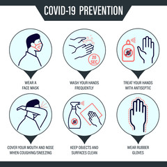 Icons of dashed lines with practical tips for preventing infection with the covid19 corona virus