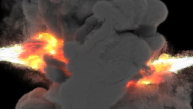 Animated slow motion of two streams of bursting flames and dense dark smoke as if from two flamethrowers shooting towards each other and colliding creating more flames and smoke. Black background, mas