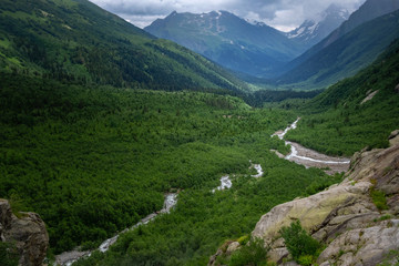 Fototapeta na wymiar Green river valley canyon wide summer panorama North Caucasus
