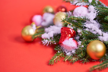 Christmas banner. Xmas design red christmas tree decorations on a red background. Horizontal christmas poster, greeting cards, headers, website.