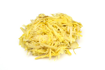 Raw bamboo shoots isolated on a white background, is a food preservation by burning bamboo shoots and then boiled to remove the bitterness.