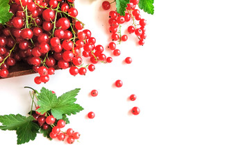 fresh red currant in a wooden bowl isolated on white background. summer harvest of vitamins.