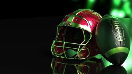 American football Gold-Red helmet and Gold-Black Ball under black-green laser lighting. 3D illustration. 3D high quality rendering.