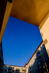 Stockholm, Sweden  Aug 15, 2020 An open courtyard and sky in the Liljeholmskajen neighbourhood.