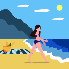 A young girl is relaxing on the beach. A girl in a swimsuit goes to the sea. Vector illustration in flat style, minimalistic design. Mountains against the sea. Vector landscape