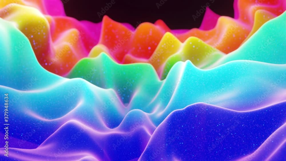Poster beautiful abstract 3d surface with extrude or displace waves transform in loop. rainbow gradient. so