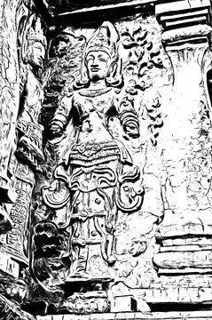 The ancient Thai architectural style, northern region of Thailand illustration creates a black and white style of drawing. © Kittipong