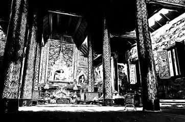 Ancient buddha statue  illustration creates a black and white style of drawing.