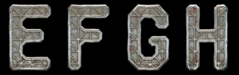 Set of capital letters E, F, G, H made of industrial metal isolated on black background. 3d