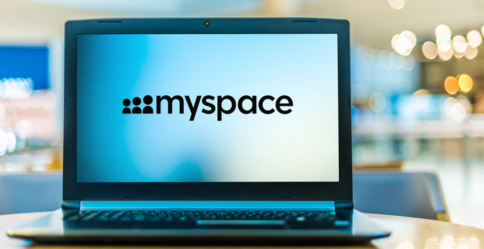 Laptop computer displaying logo of Myspace