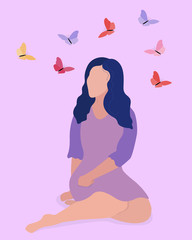 Obraz na płótnie Canvas Vector illustration of a woman. Butterflies flying around the girl's head