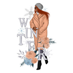 Winter African American Red Hair Girl In Beige Coat Background Hand Drawn Illustration	