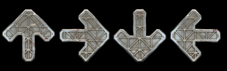 Set of symbols up arrow, right and left arrow, to down arrow made of industrial metal on black background 3d
