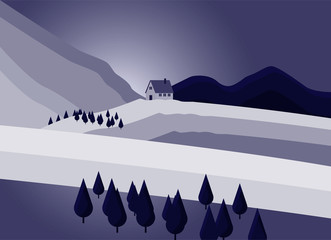 Beautiful mountains landscape with house. Nature background. Vector illustration for backdrops, banners, prints, posters, murals and wallpaper design. © эльмира исмаилова