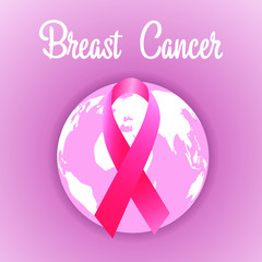 Symbol of breast cancer awareness month in October. Realistic pink ribbon. Poster template. Vector illustration.