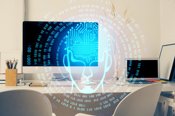Double exposure of work space with computer and human brain drawing hologram. Brainstorm concept.
