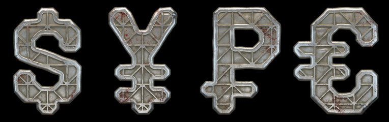 Set of symbols dollar, yen, rouble and euro made of industrial metal on black background 3d