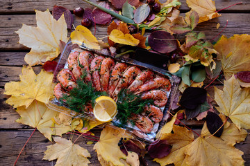 Shrimps on wooden table