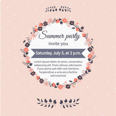 Vintage invitation card, floral frame, vector illustration
