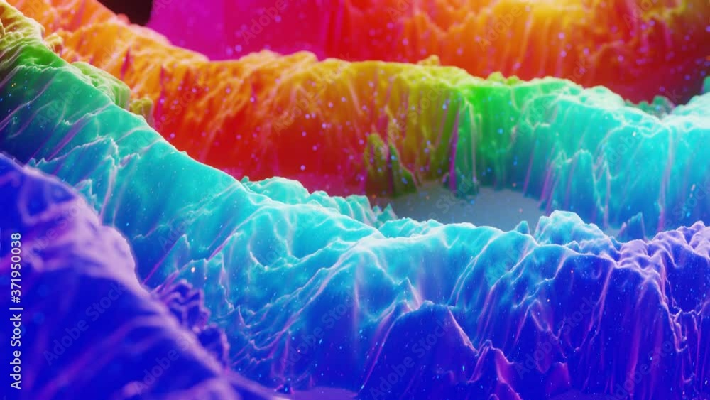 Poster beautiful abstract 3d surface with extrude or displace waves transform in loop. rainbow gradient. so