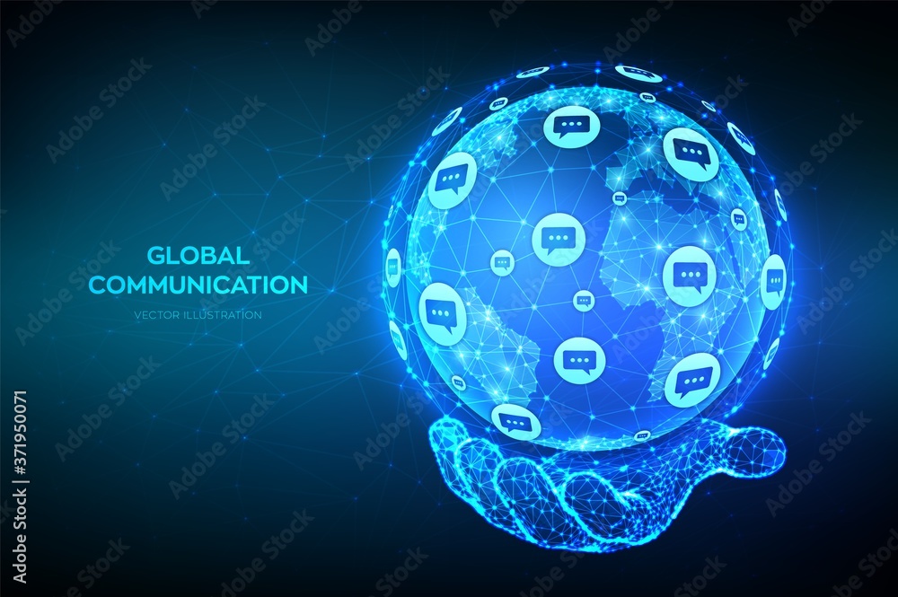 Aufkleber global communication concept. abstract low polygonal planet earth globe with dialog speech bubbles i