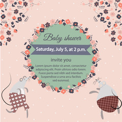 Invitation card with mouses, pink, vector illustration