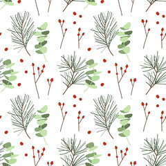 Seamless pattern with eucalyptus, berries and spruce. Winter illustration on white background. Perfect for Christmas greeting cards, invitation, wrapping paper, textile. Vector flat illustration