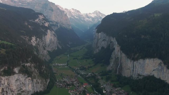 Aerial Drone shot of Lauterbrunnen in Switzerland on a calm evening in the swiss alps