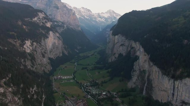 Aerial Drone shot of Lauterbrunnen in Switzerland on a calm evening in the swiss alps