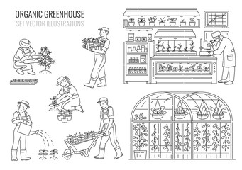 Set with plants and people in greenhouse, line vector illustration isolated.