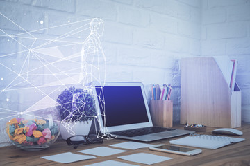 Desktop computer background in office and start up theme hologram drawing. Double exposure. Startup...