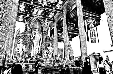 Ancient buddha statue  illustration creates a black and white style of drawing.