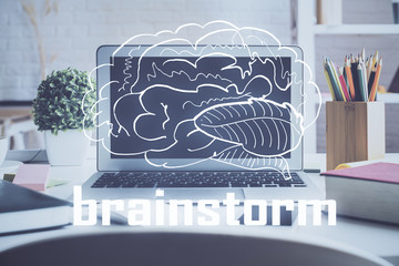 Desktop computer background in office and start up theme hologram drawing. Double exposure. Startup...