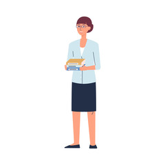 Female teacher holding books - cartoon woman in glasses and office clothes