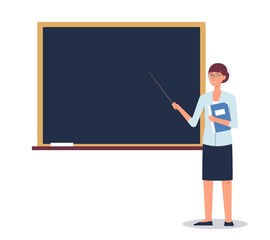 Cartoon female teacher standing by school chalkboard