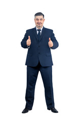 Handsome man in a suit raises his thumbs up and smiles