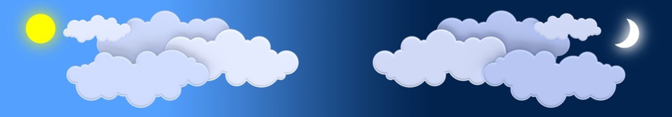Moon, sun, sky and clouds. Day to night transition. Longread for website design. Children's and scientific and educational 