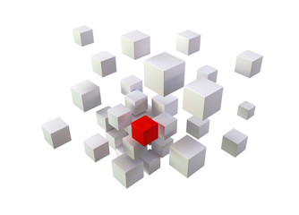 Fototapeta na wymiar formal volumetric composition of white cubes on a white background. One red cube and all the others are white. For cover design.