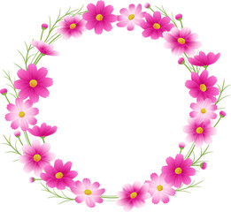 ピンクのグラデーションのコスモスの丸フレーム、リース、秋イメージ