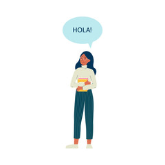 Spanish girl or young woman cartoon character saying Hola, flat vector illustration isolated. © sabelskaya