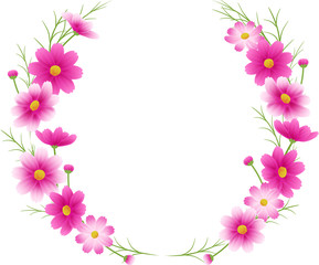 ピンクのグラデーションのコスモスの丸フレーム、リース、秋イメージ