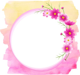 Fototapeta premium ピンクのグラデーションのコスモスの丸フレーム、リース、イエローピンクの水彩の背景、秋イメージ