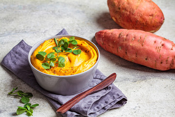 Sweet potato hummus gray bowl.