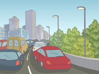 Traffic jam street road graphic color city landscape sketch illustration vector © aluna1