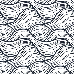 Seamless pattern with black linear waves. Design for backdrops and colouring book with sea, rivers or water texture. Repeating texture. Figure for textiles. Print for the cover of the book, postcards.