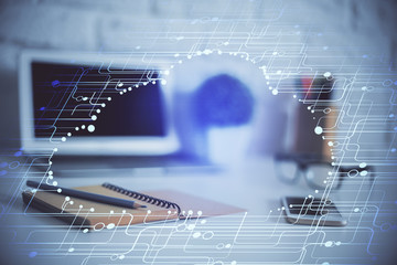 Double exposure of desktop computer and technology theme hologram. Concept of software development.