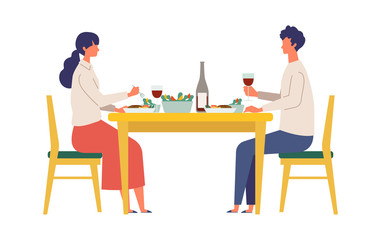 Vector illustration of a couple eating dinner together. People doing housework.