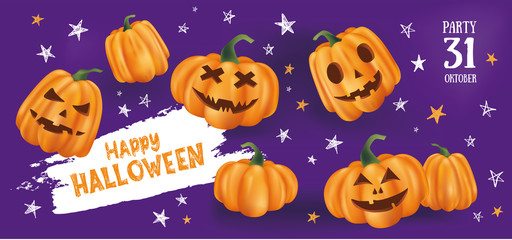 Funny pumpkins, Halloween background.
Vector illustrations.